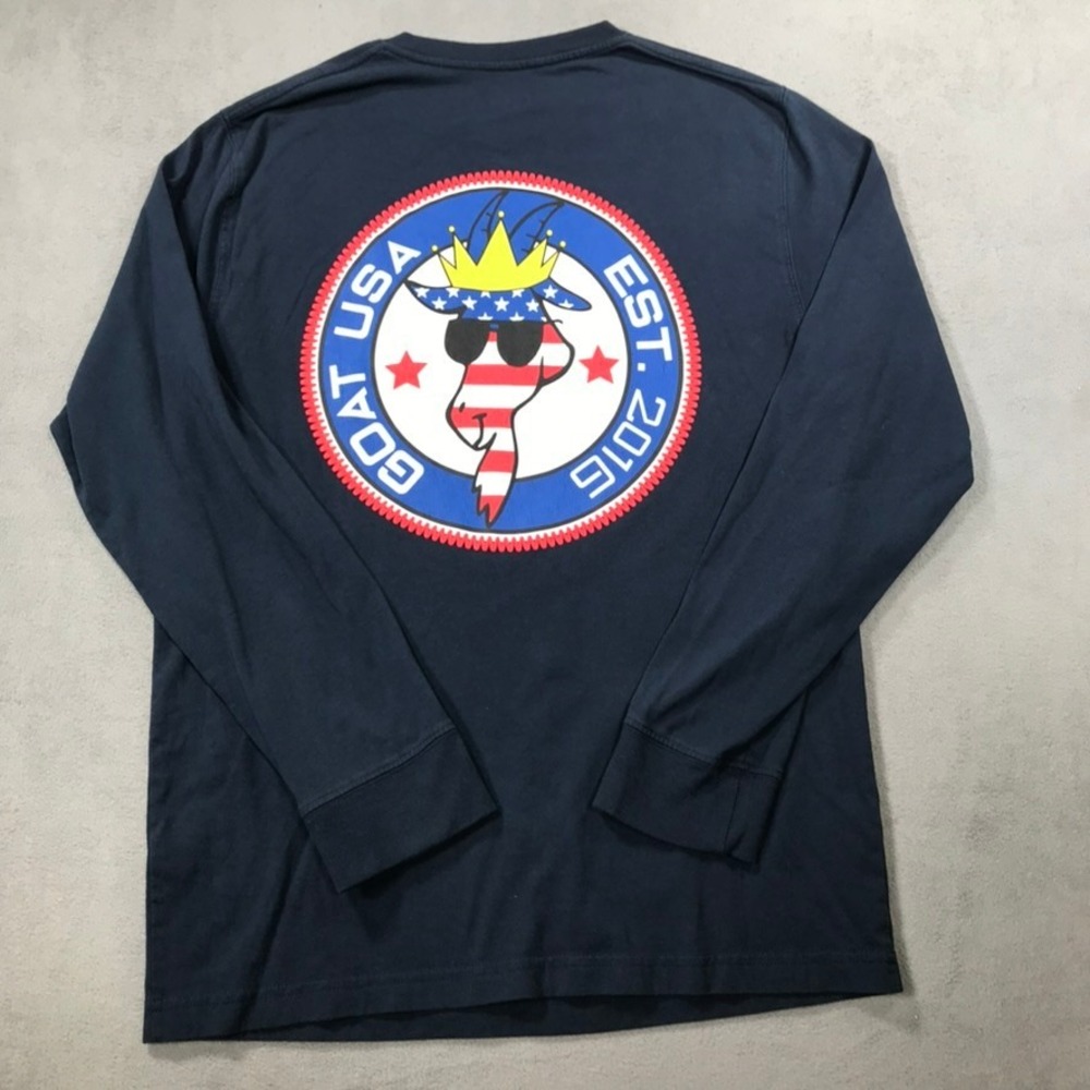 GOAT USA Long Sleeve T-Shirt Mens Medium Navy Blue Excellent American Flag Logo